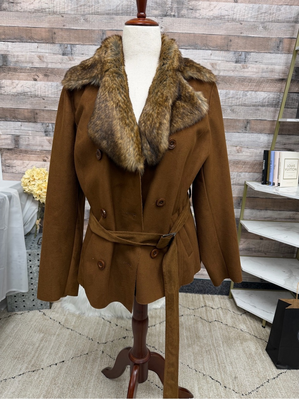 Chicos brown faux suede fur collar jacket NWT XL